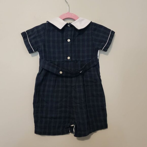 Anavini Boys 24 m Green Navy Plaid Smocked Romper White Peter Pan Collar Duck - Picture 5 of 13